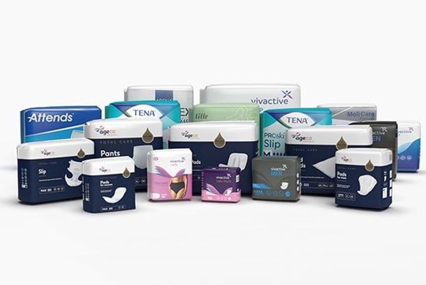 Pack shots of products offered in Age Co incontinence range