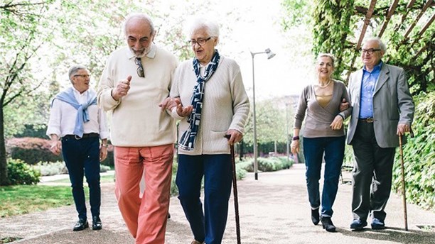 Group of older people walking in a garden