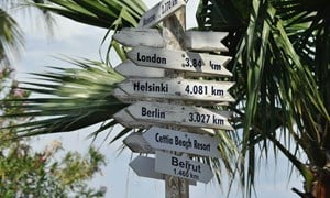 A sign pointing to worldwide destinations